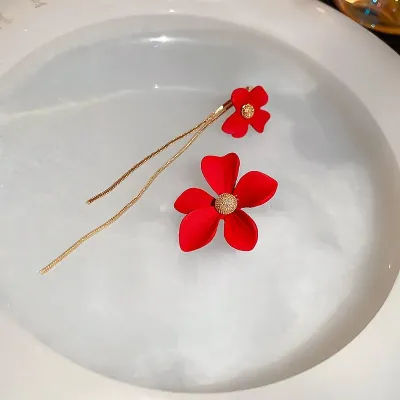 Korean Red Petals Flower Earrings